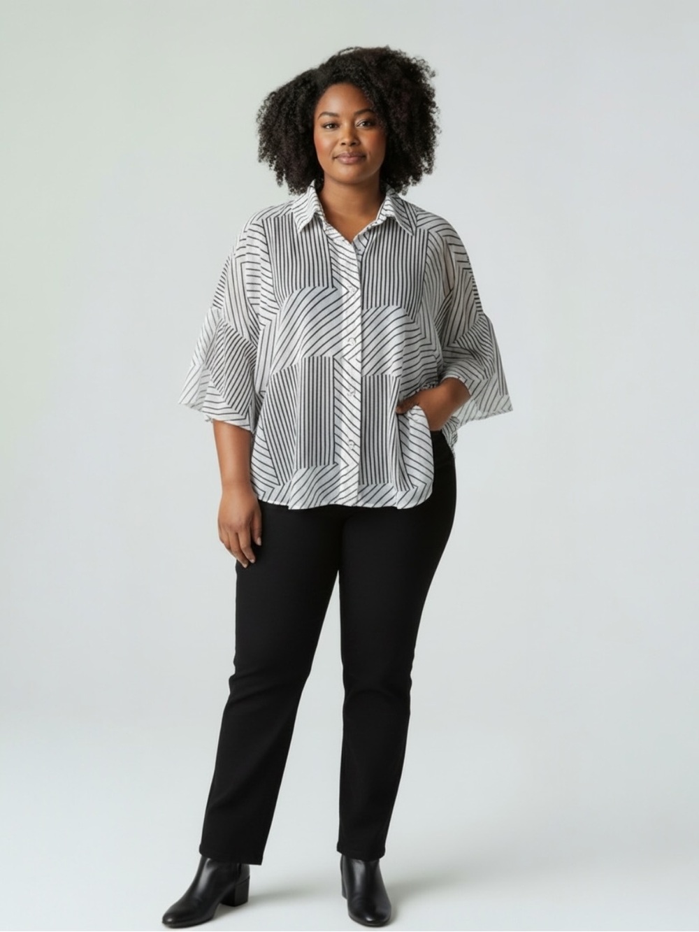 CABi contemporary white black striped button down blouse bell sleeve size large
